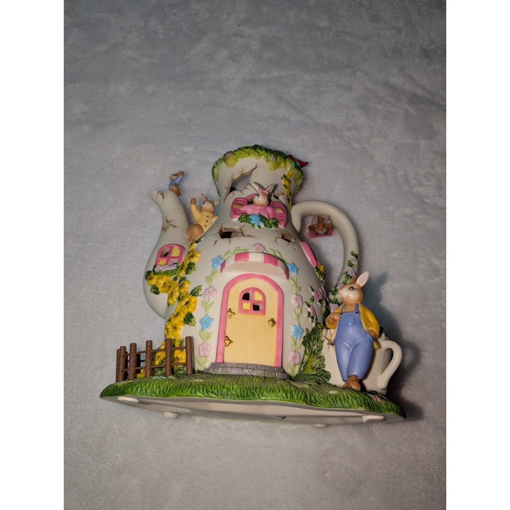 Home Interiors Bunny Teapot House Figurine Ceramic‎ Easter Decor Rabbit Village